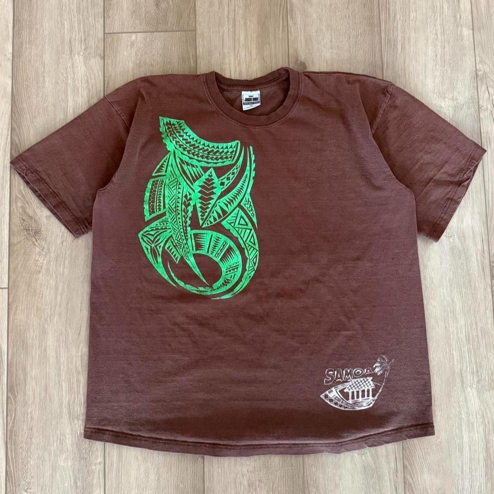 John Son Samoa super heavy weight T-Shirt green tribal-style graphic Size 2XL